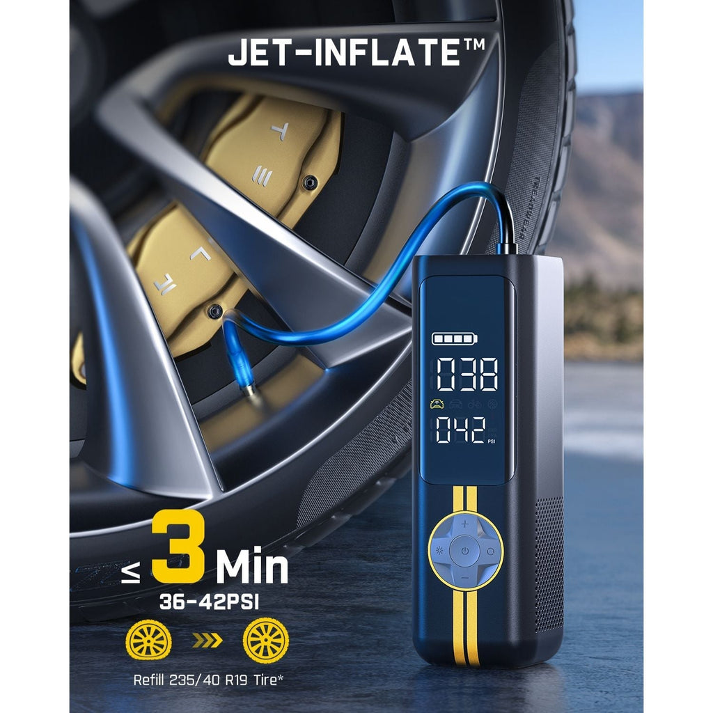 Fanttik X8 APEX EV tire inflator shown connected to a car tire, displaying pressure and refilling time.