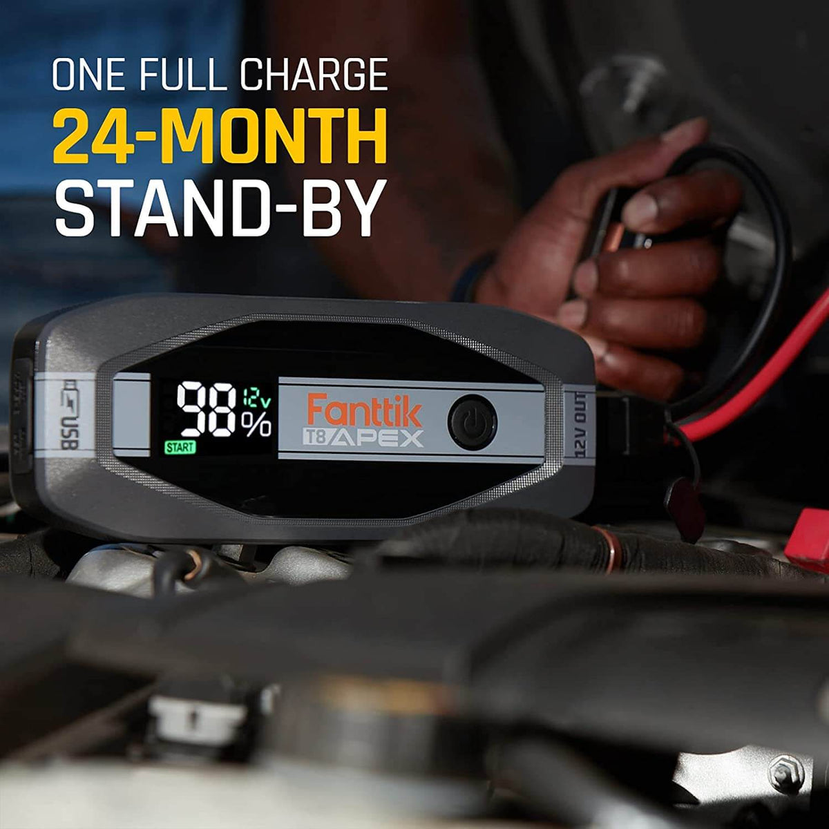 Fanttik T8 APEX jump starter with 99% charge and 24-month stand-by, ready to start a car engine.