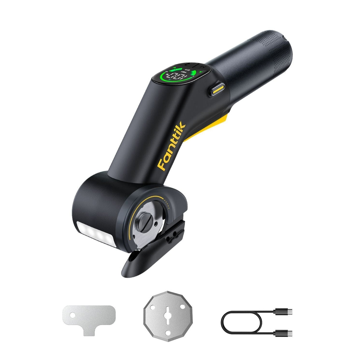 Fanttik C10 Pro cordless electric scissors with digital display, charging cable, and blade tool.