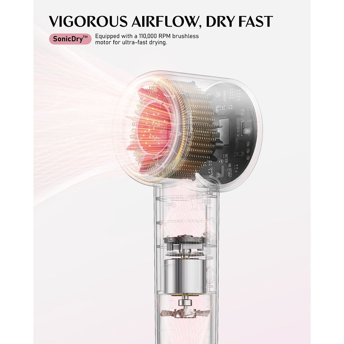 FanttikSolo SonicDry H10 PRO hair dryer internal view showing 110,000 RPM motor and vigorous airflow for fast drying.