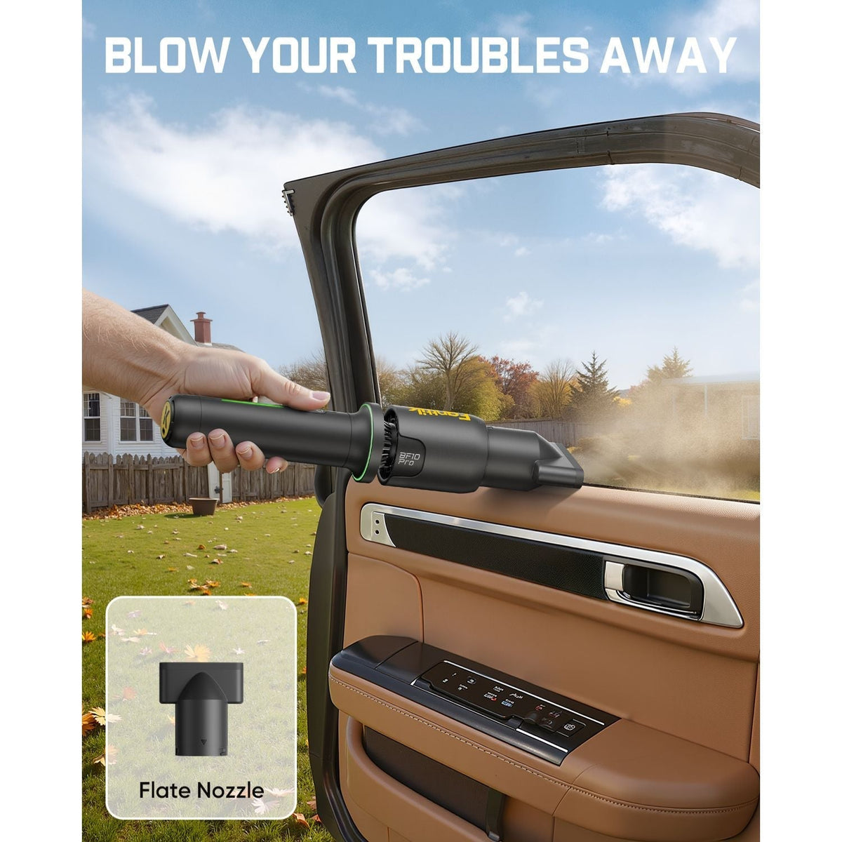 Fanttik BF10 Pro cordless leaf blower clearing dust from car interior with flat nozzle attachment.