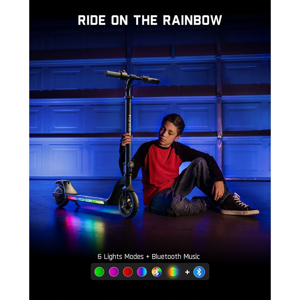 FanttikRide T10 Apex electric scooter for kids with rainbow LED lights and Bluetooth speaker.