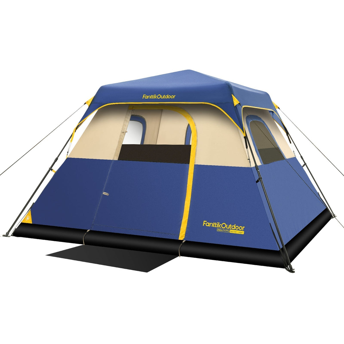 Blue and tan FanttikOutdoor Zeta C4 Pro 4-person instant cabin tent with yellow trim. Features easy setup and multiple windows.