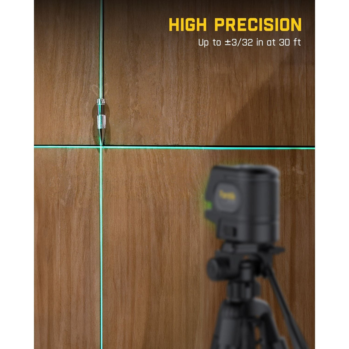 Fanttik D2 APEX laser level showing high precision with green lines and text 'Up to ±3/32 in at 30 ft'.
