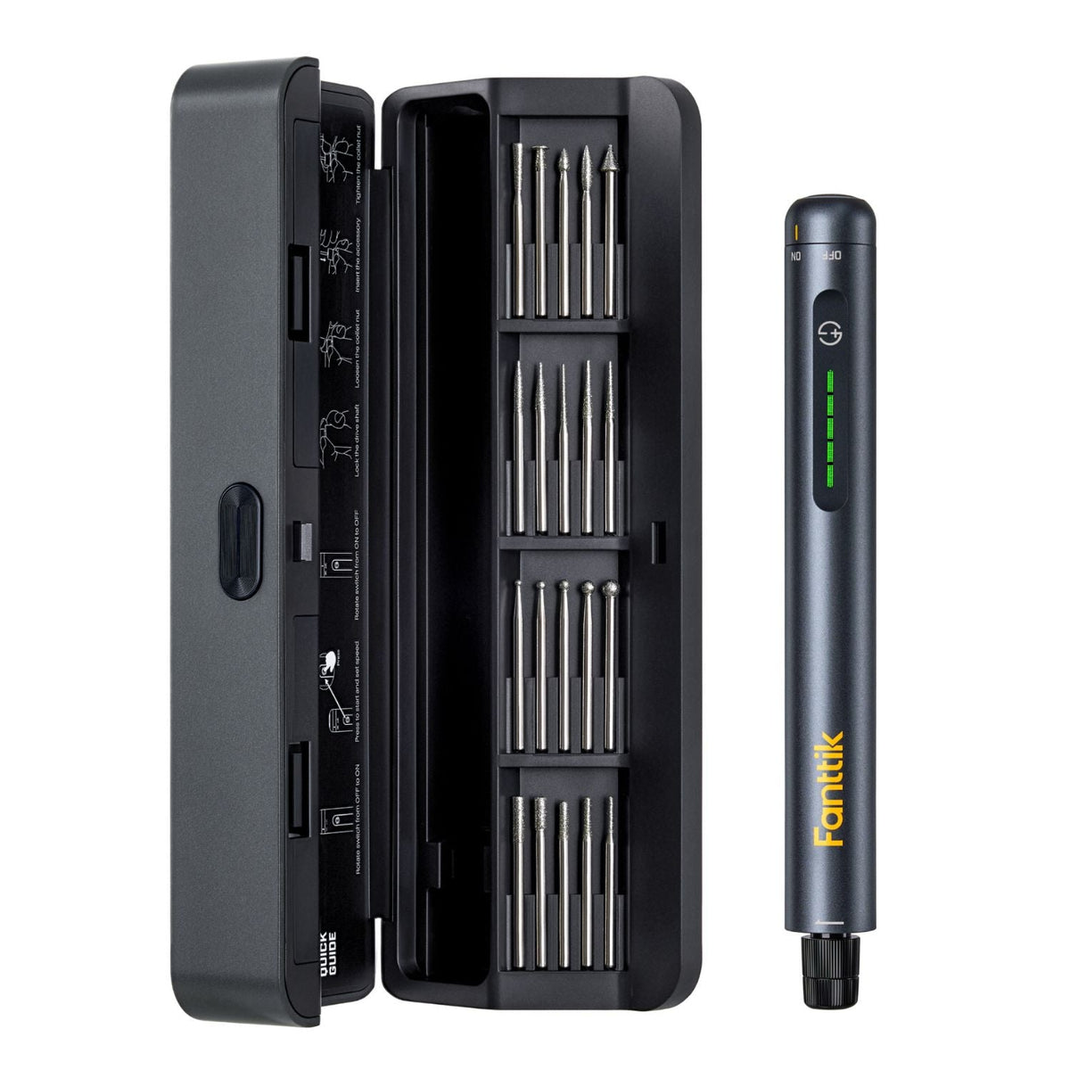 Fanttik F2 Master cordless rotary tool with 20 engraving bits in black storage case