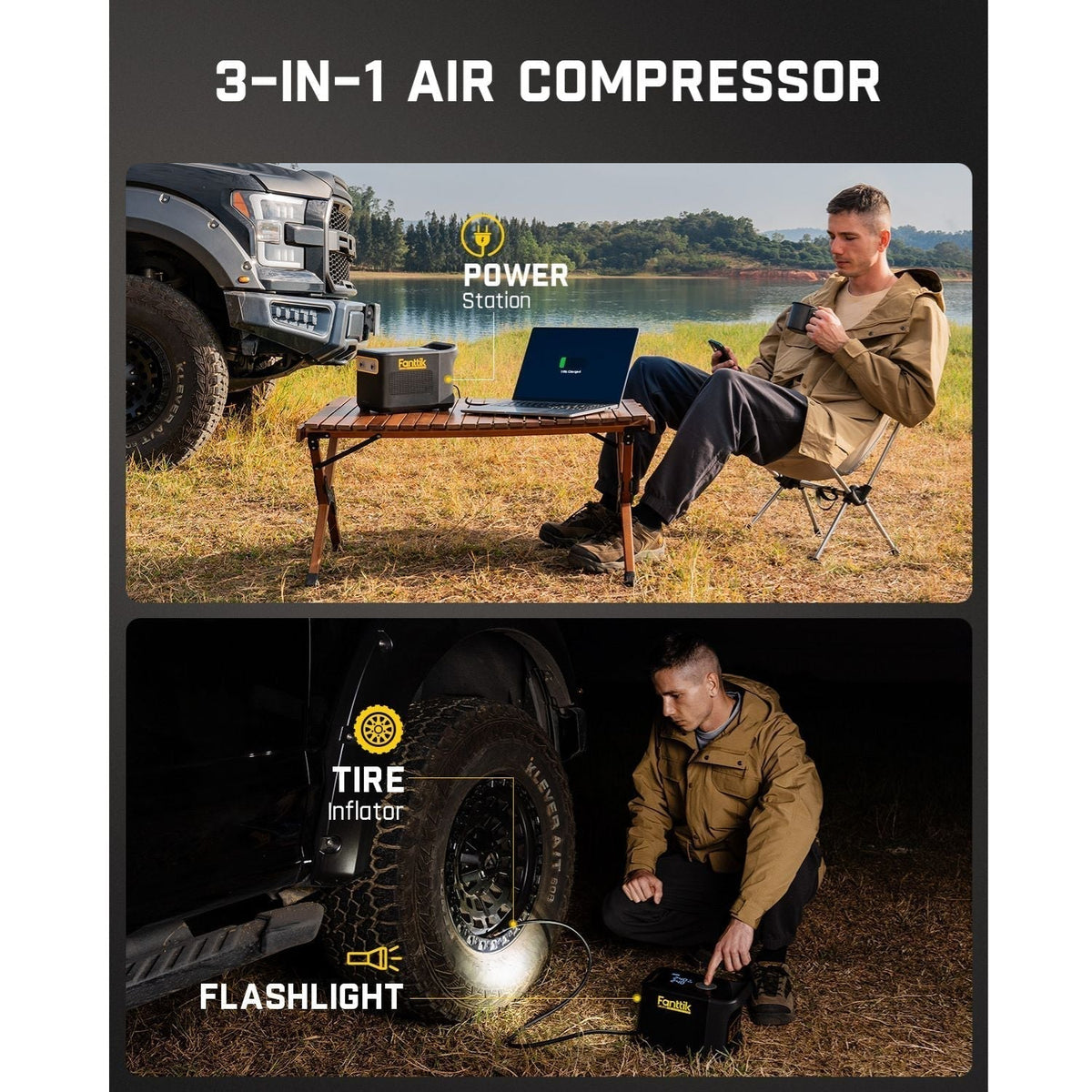 Fanttik 3-in-1 air compressor: Power station for charging devices and built-in tire inflator with flashlight.