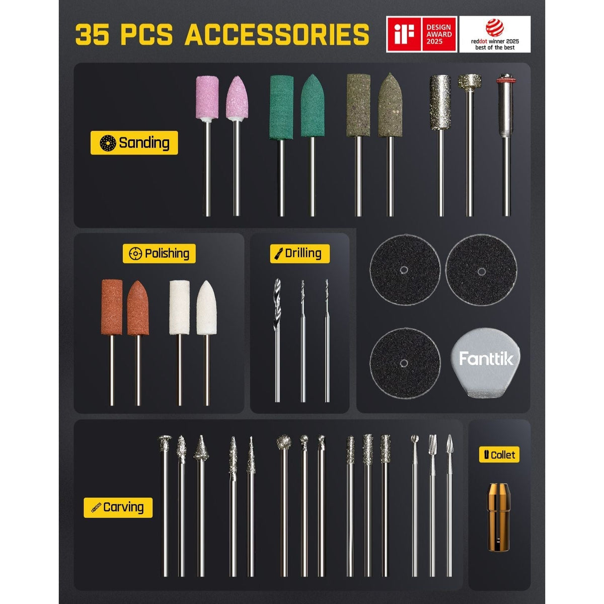 Set of 35 accessories for a Fanttik F2 Master Mini Cordless Rotary Tool Kit 4V -Blue, including sanding, polishing, drilling, and carving tools, with 'Fantik' branding.
